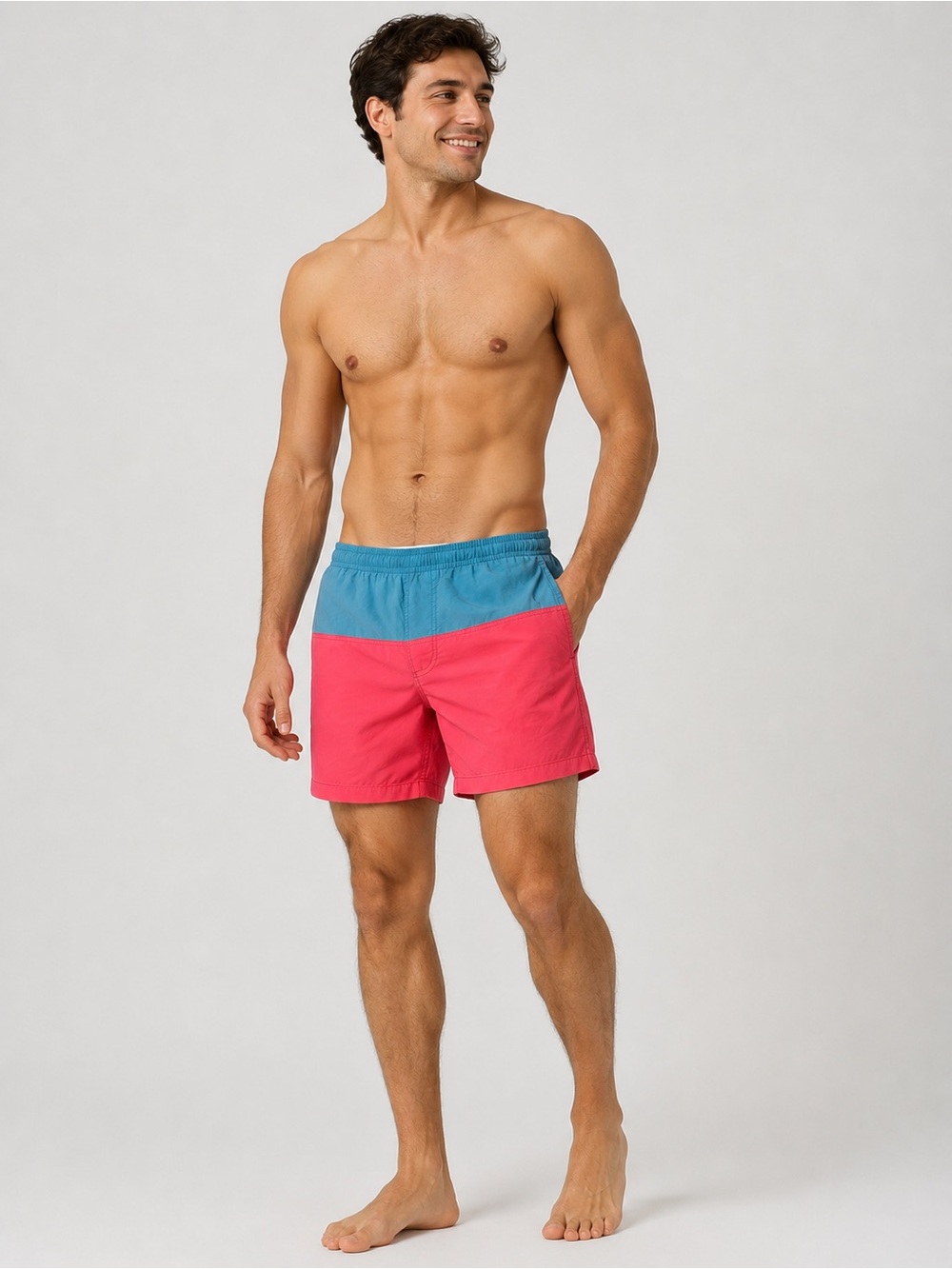 Vintage Sunset High Waisted Color Block Swim Shorts Teal Pink Mesh Lined XL 4042